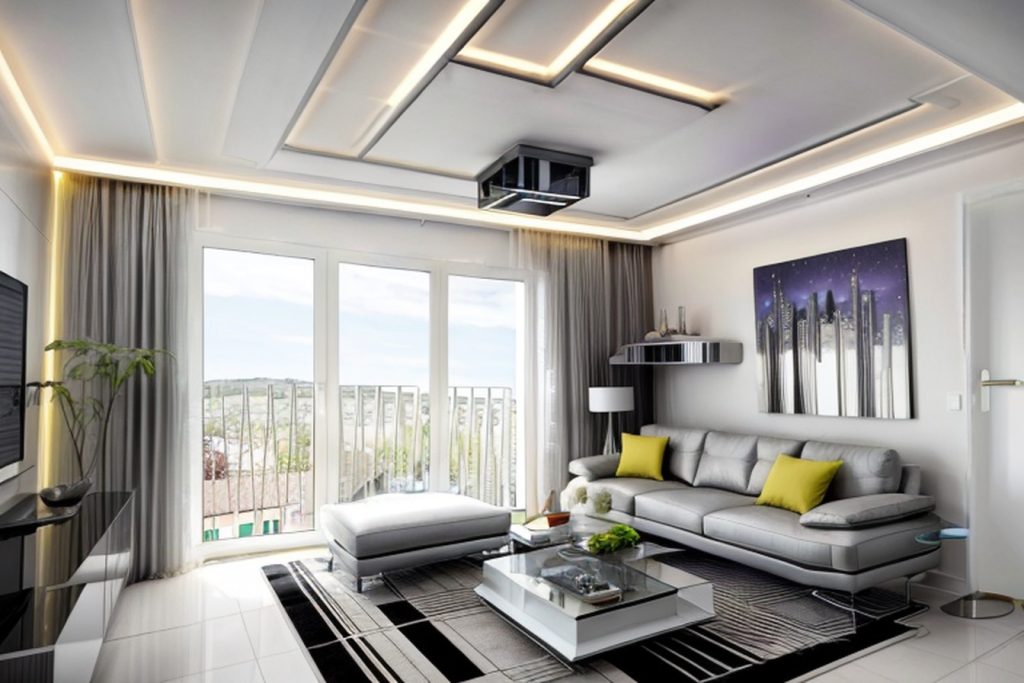 Example of a futuristic living room with a armchair, a nesting table, and a floor lamp