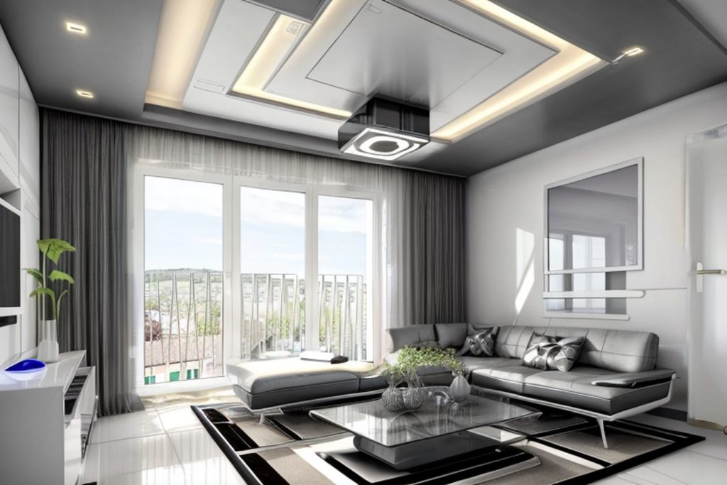 Example of a futuristic living room with a couch, a coffee table, and throw pillows