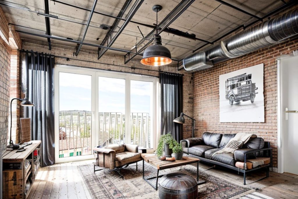 Example of a industrial living room with a armchair, a rug, and a ladder shelf