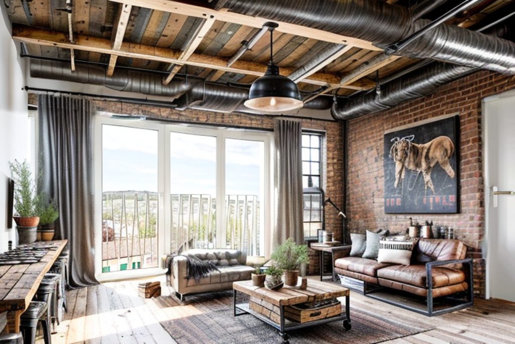 Example of a industrial living room with a bar stools, a counter-height table, and a storage bench