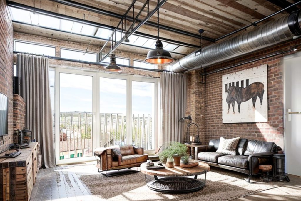 Example of a industrial living room with a club chair, a round dining table, and a curio cabinet