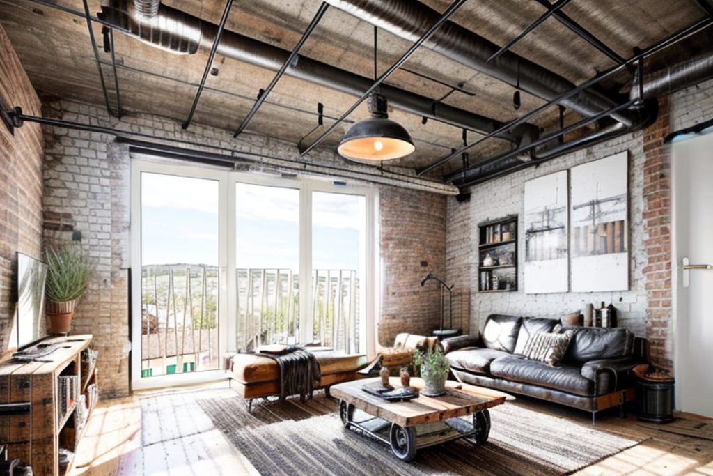 Example of a industrial living room with a curved sofa, a pedestal coffee table, and ambient lighting