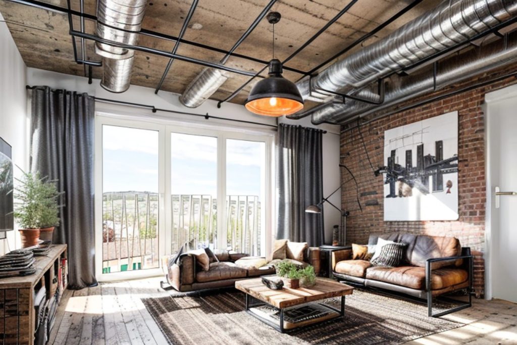 Example of a industrial living room with a modular sofa, a coffe table complemented by a area rug