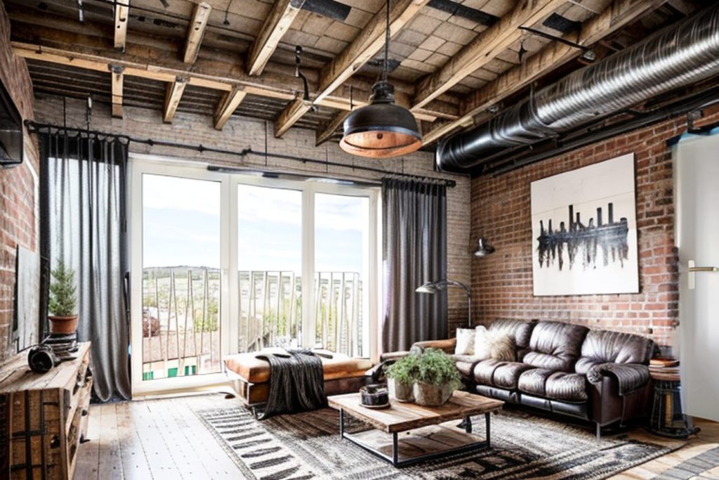 Example of a industrial living room with a recliner, a side table, and a patterned rug