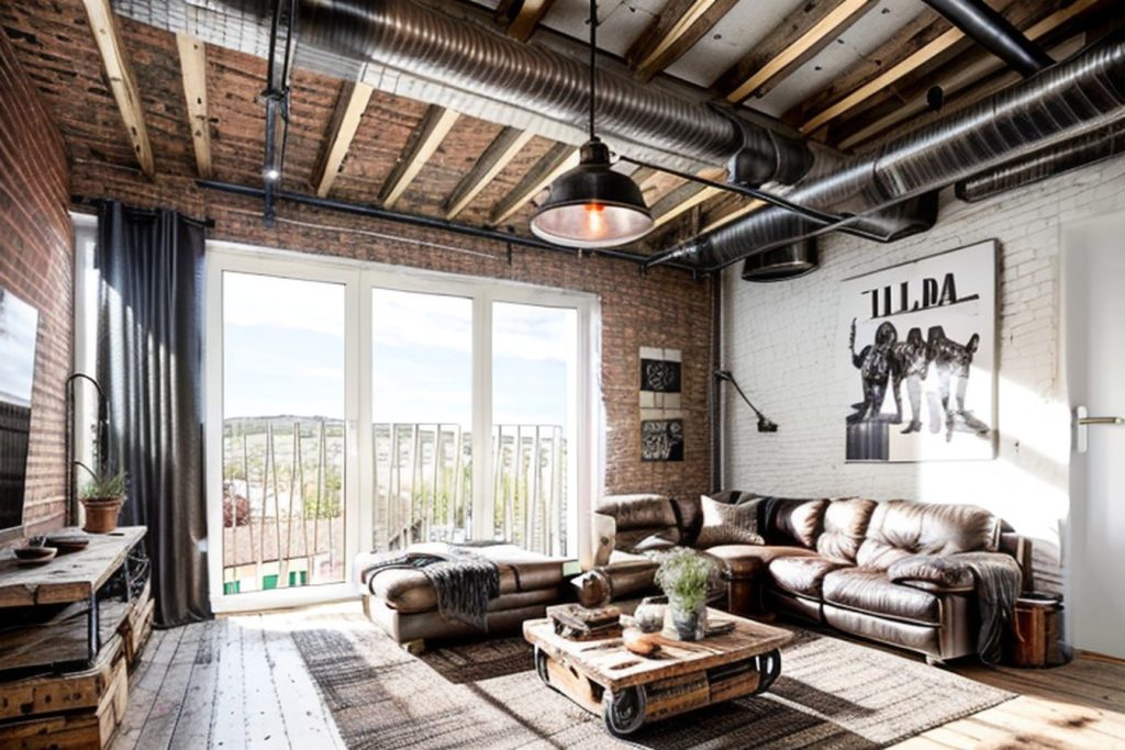 Example of a industrial living room with a recliner sofa, a end table, and a corner cabinet