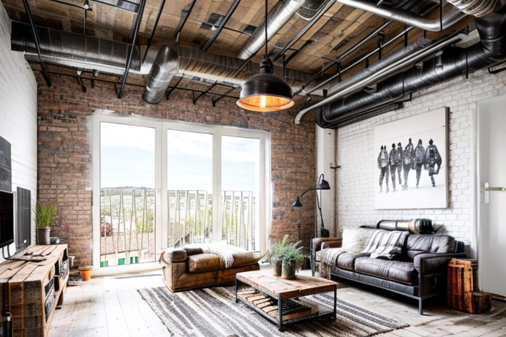 Example of a industrial living room with a sofa, a console table, and a floor lamp