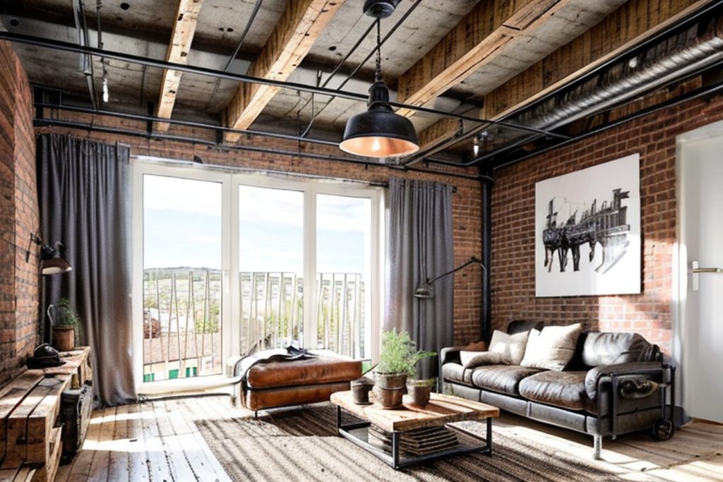 Example of a industrial living room with a sofa, a wooden coffee table, and curtains