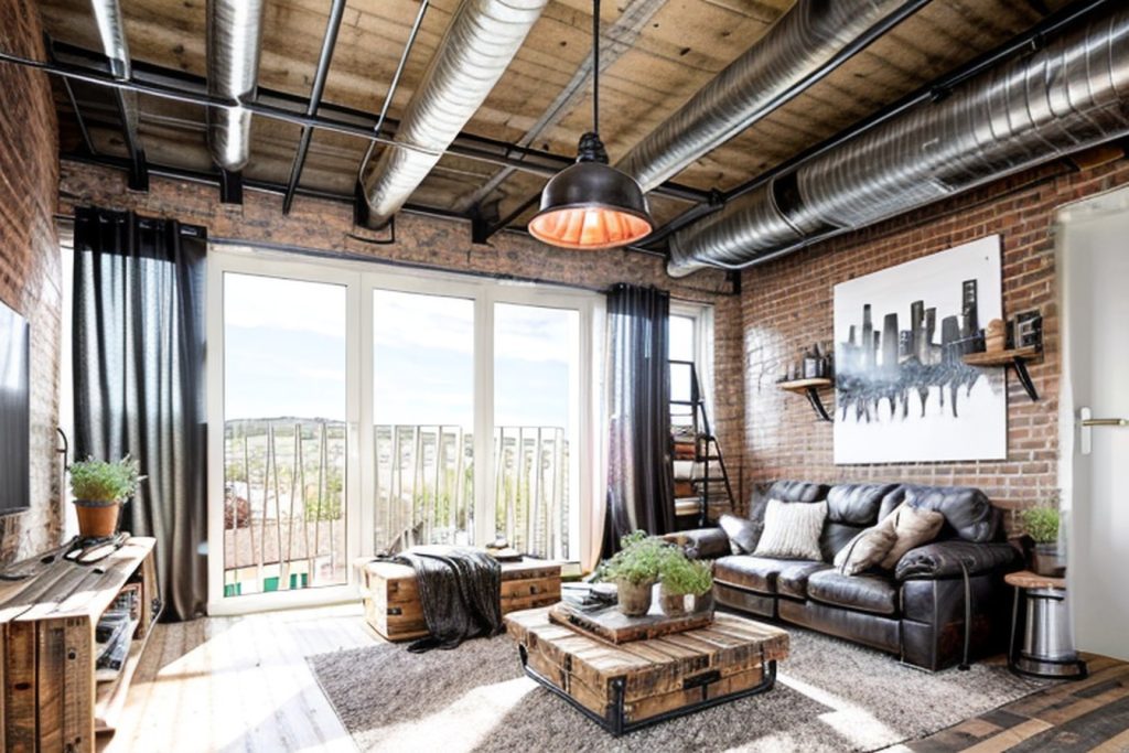 Example of a industrial living room with a swivel chair, a modular shelving unit, and a trunk coffee table