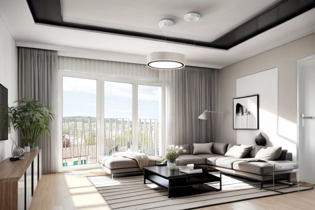 Example of a modern living room with a modular sofa, a coffe table complemented by a area rug