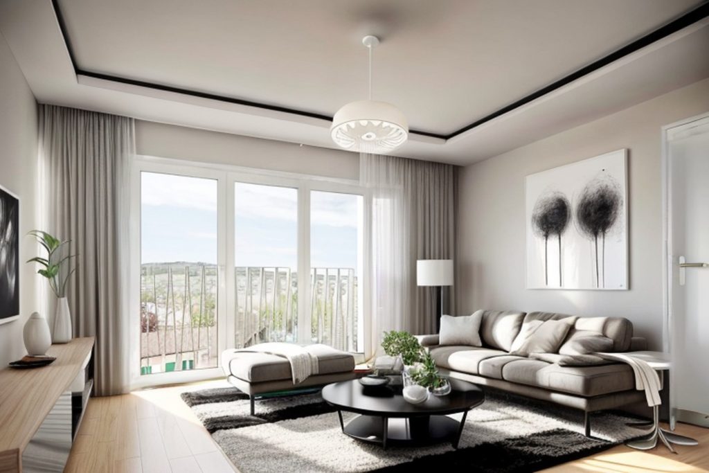 Example of a modern living room with a reclining armchair, a round coffee table, and a rug