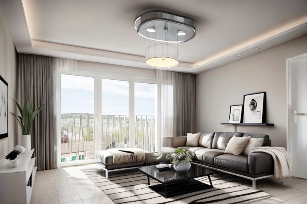 Example of a modern living room with a sectional sofa, a coffee table, and an area rug