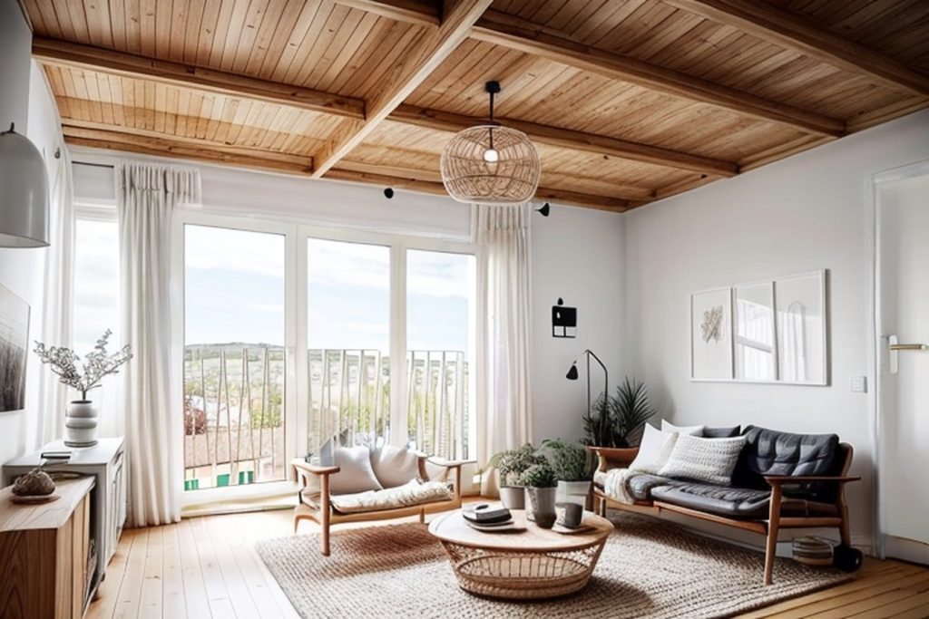 Example of a scandinavian living room with a reclining armchair, a round coffee table, and a rug