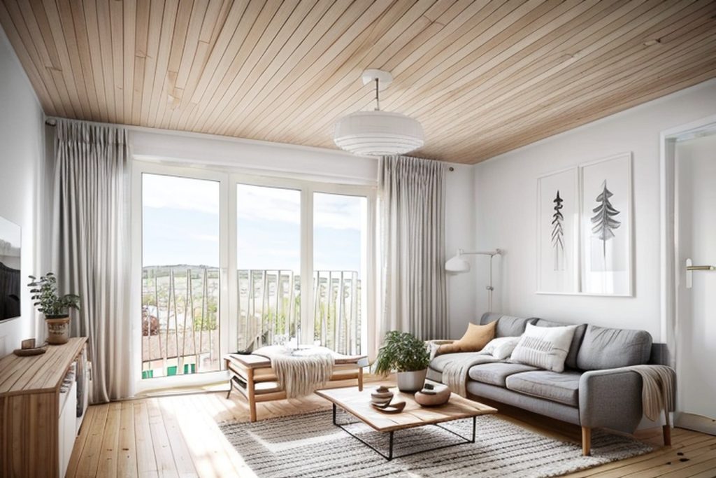 Example of a scandinavian living room with a sofa, a wooden coffee table, and curtains