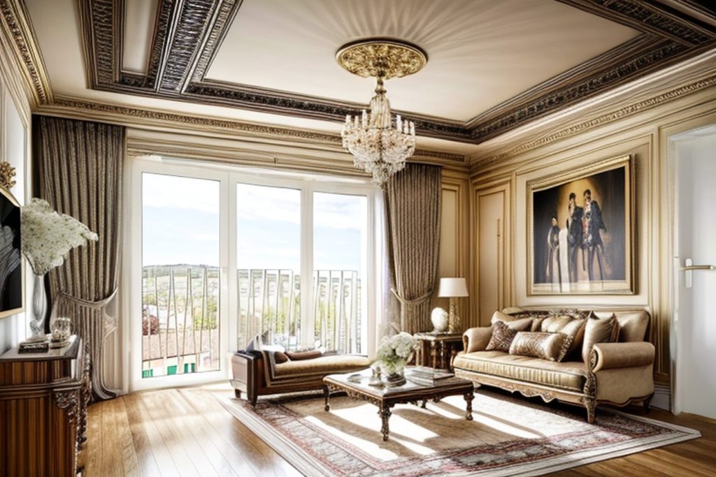 Example of a traditional living room with a bar stools, a counter-height table, and a storage bench