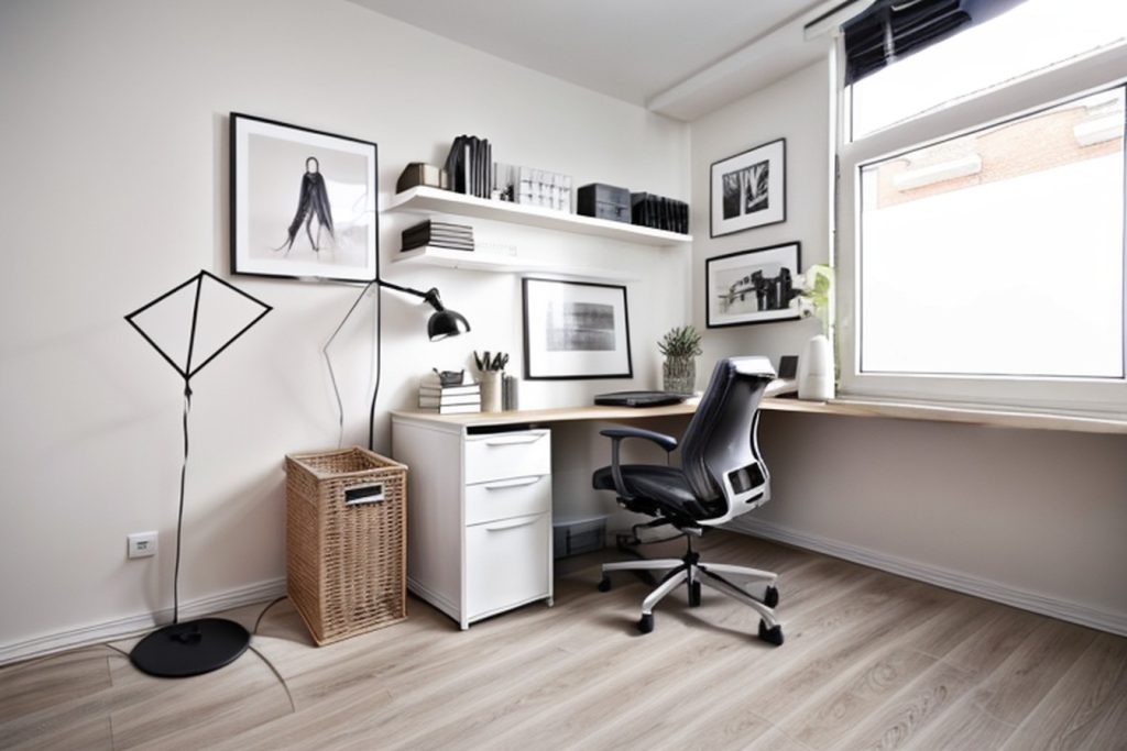 Example of a contemporary office at home with a l-shaped desk, swivel chair, and a desk lamp