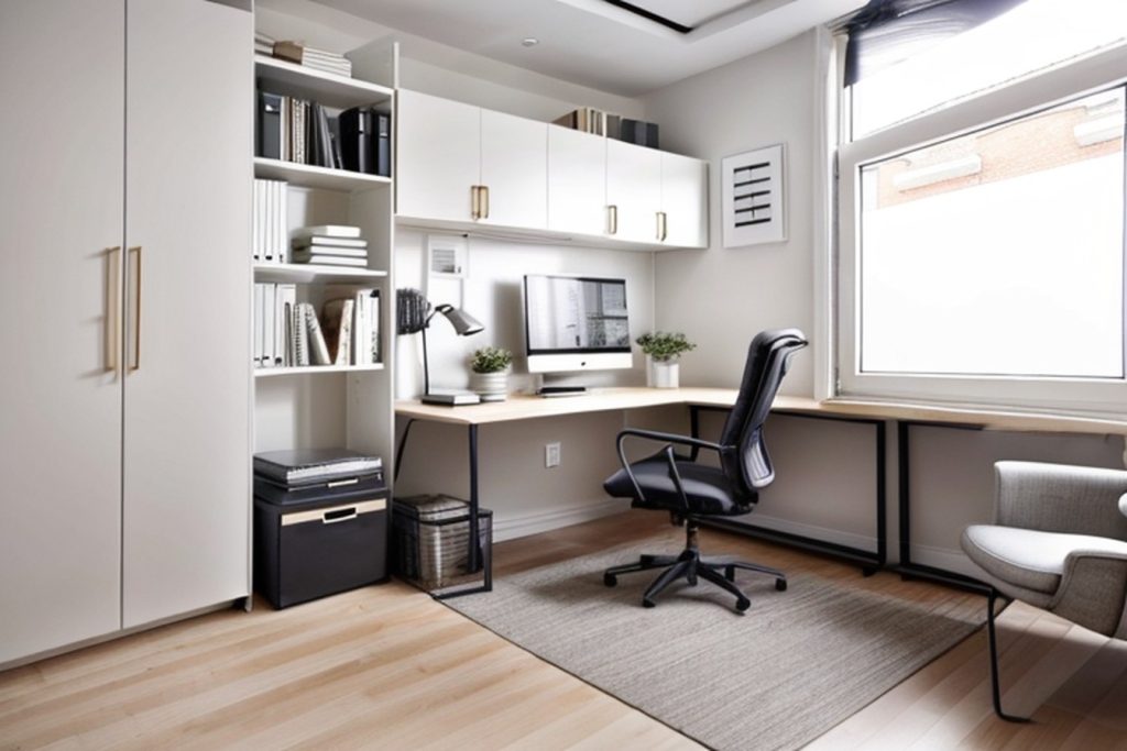 Example of a contemporary office at home with a murphy bed, a wall-mounted shelf, and a small armchair