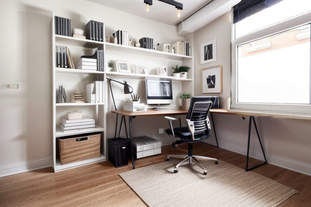Example of a contemporary office at home with a standing desk, filing cabinet, and a desk lamp