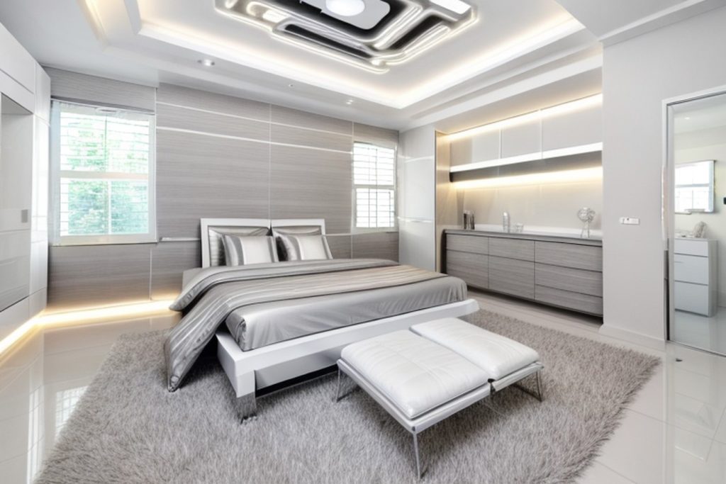 Example of a futuristic bedroom with a bed frame with headboard, a vanity table, and pendant lighting