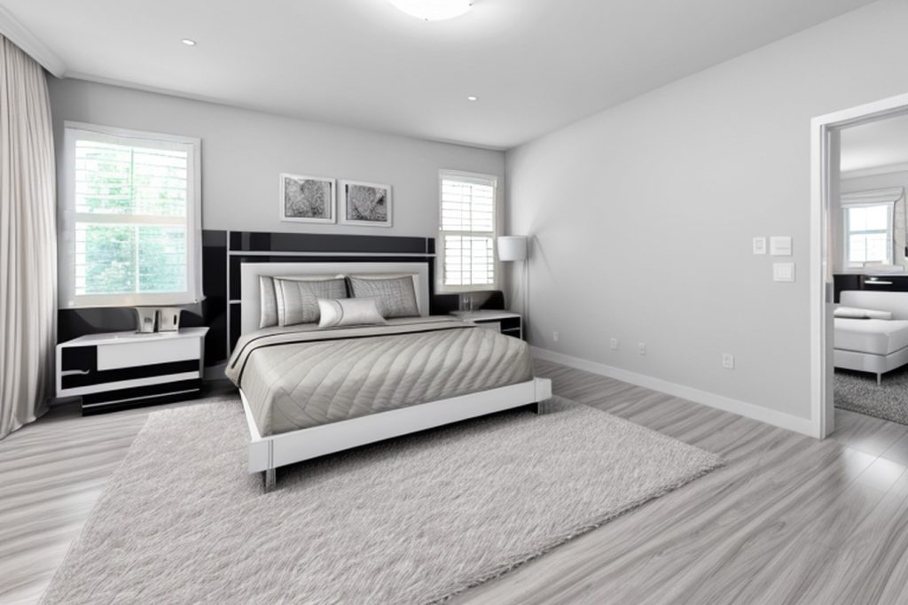 Example of a futuristic bedroom with a canopy bed,a pair of nightstands, and layered bedding