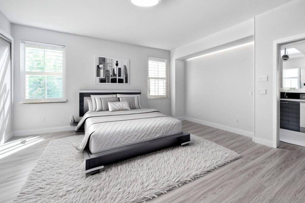 Example of a futuristic bedroom with a king bed, two pendant lights, and a gallery wall