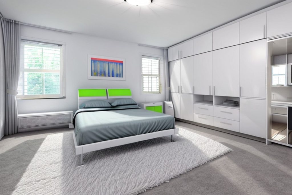 Example of a futuristic bedroom with a murphy bed, a wall-mounted shelf, and a small armchair