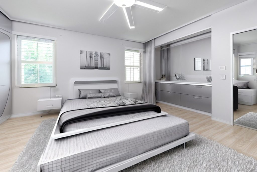 Example of a futuristic bedroom with a platform bed, a dresser with mirror, and blackout curtains