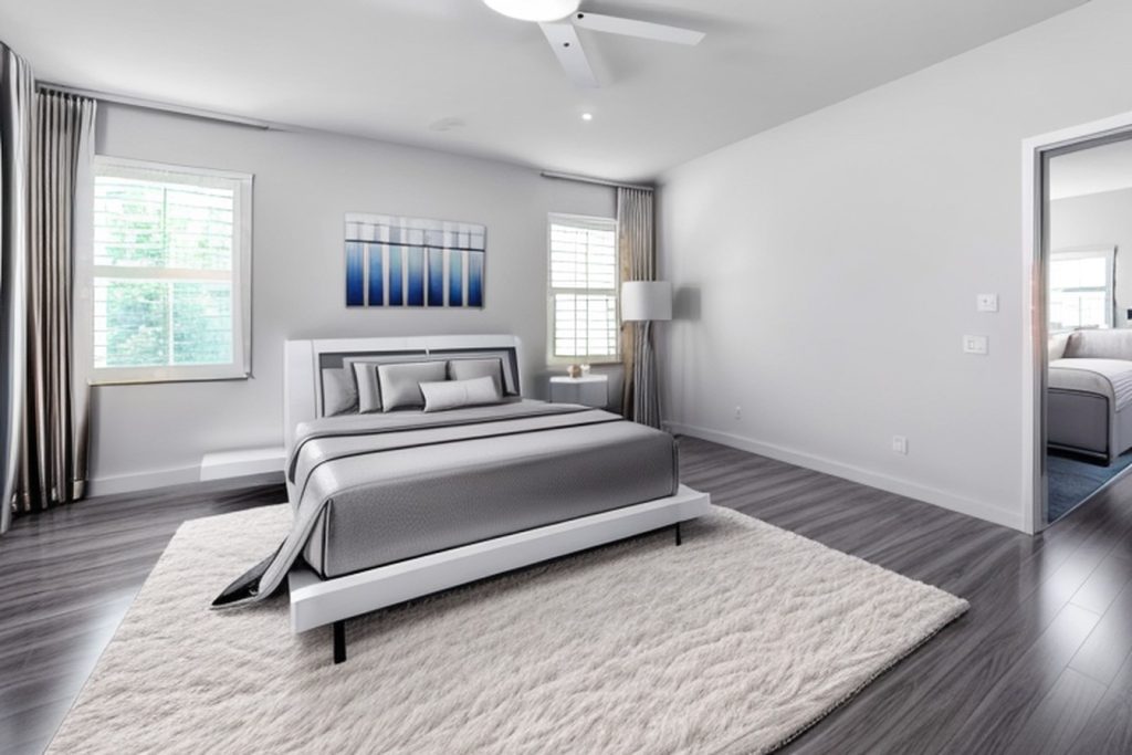 Example of a futuristic bedroom with a queen bed, a pair of nightstands, and a cozy area rug