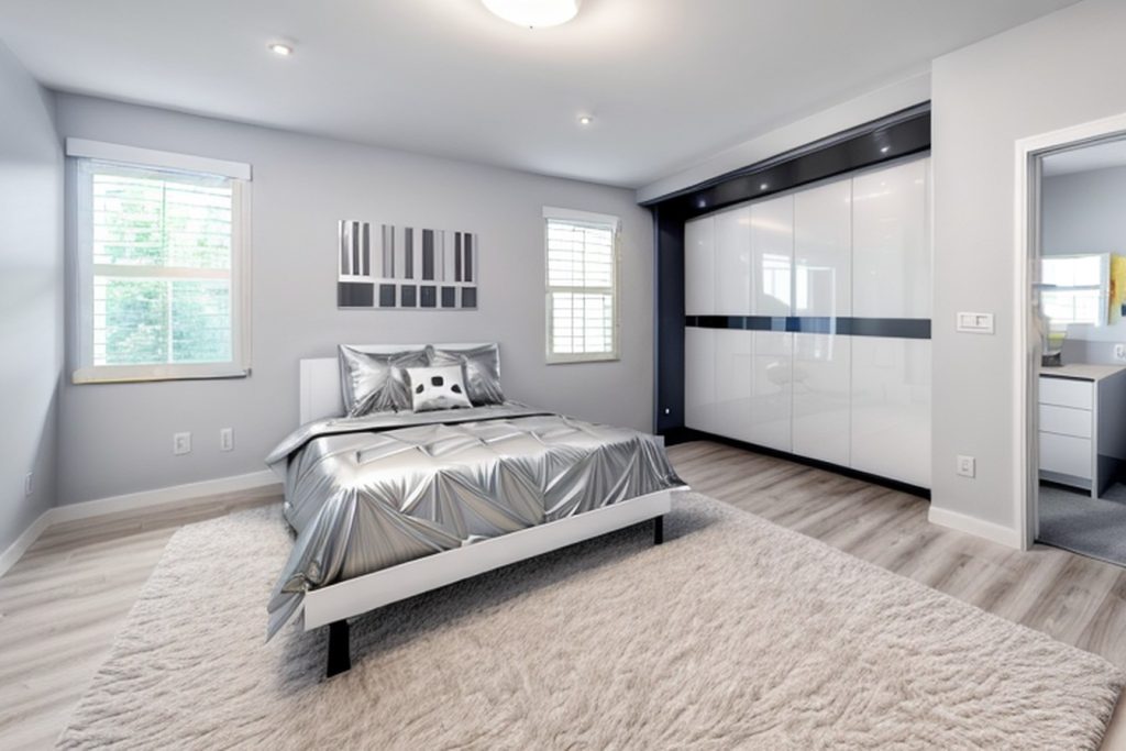 Example of a futuristic bedroom with a twin beds, a shared nightstand, and framed wall art