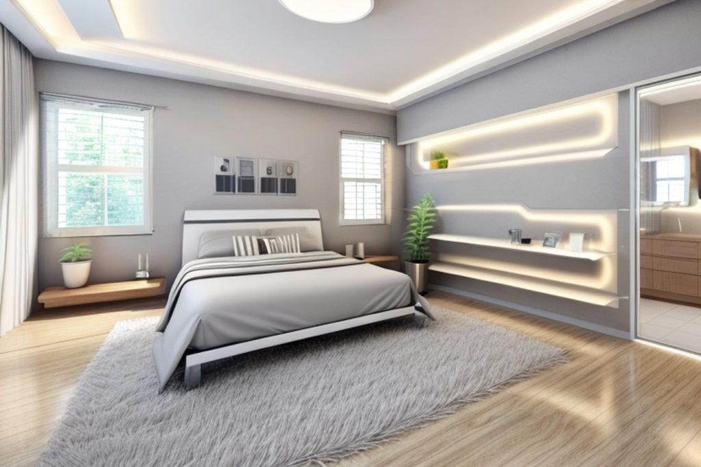 Example of a futuristic bedroom with a wooden bed, a pair of cube nightstands, and a tall plant