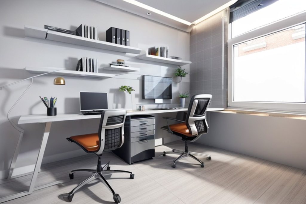Example of a futuristic office at home with a desk, faux leather chair, and wall hooks