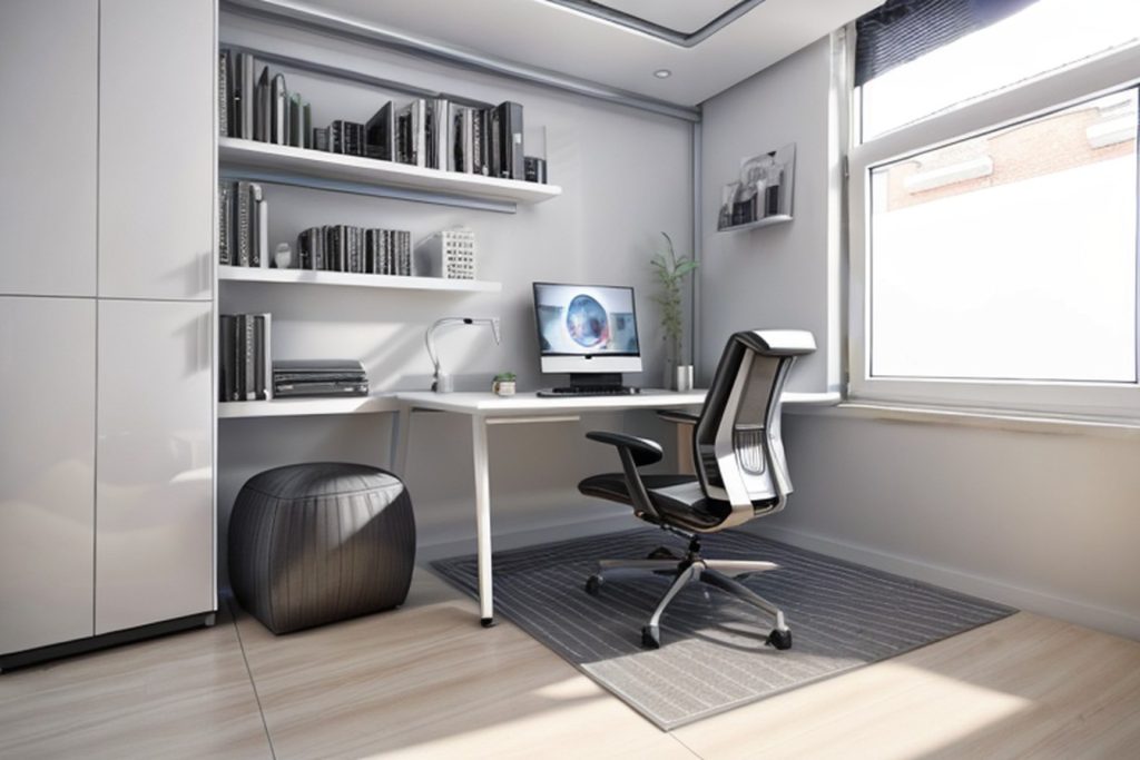 Example of a futuristic office at home with a dual-monitor setup, pouf seat, and hanging shelf