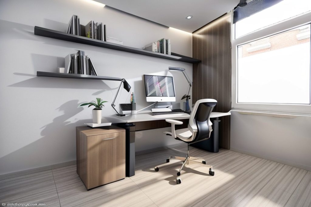 Example of a futuristic office at home with a height-adjustable desk, task lamp, and whiteboard