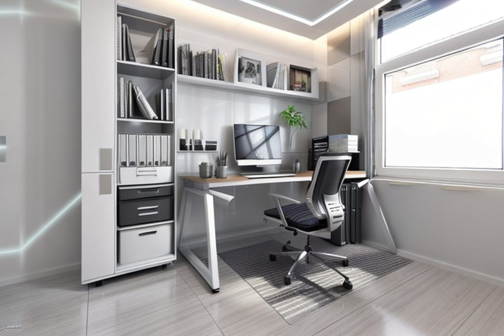 Example of a futuristic office at home with a home workstation, open shelf, and desktop tray