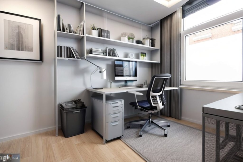 Example of a futuristic office at home with a ikea desk, mesh chair, and a stack of storage boxes