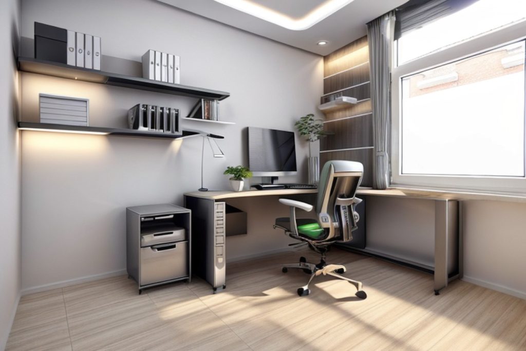 Example of a futuristic office at home with a l-shaped desk, swivel chair, and a desk lamp
