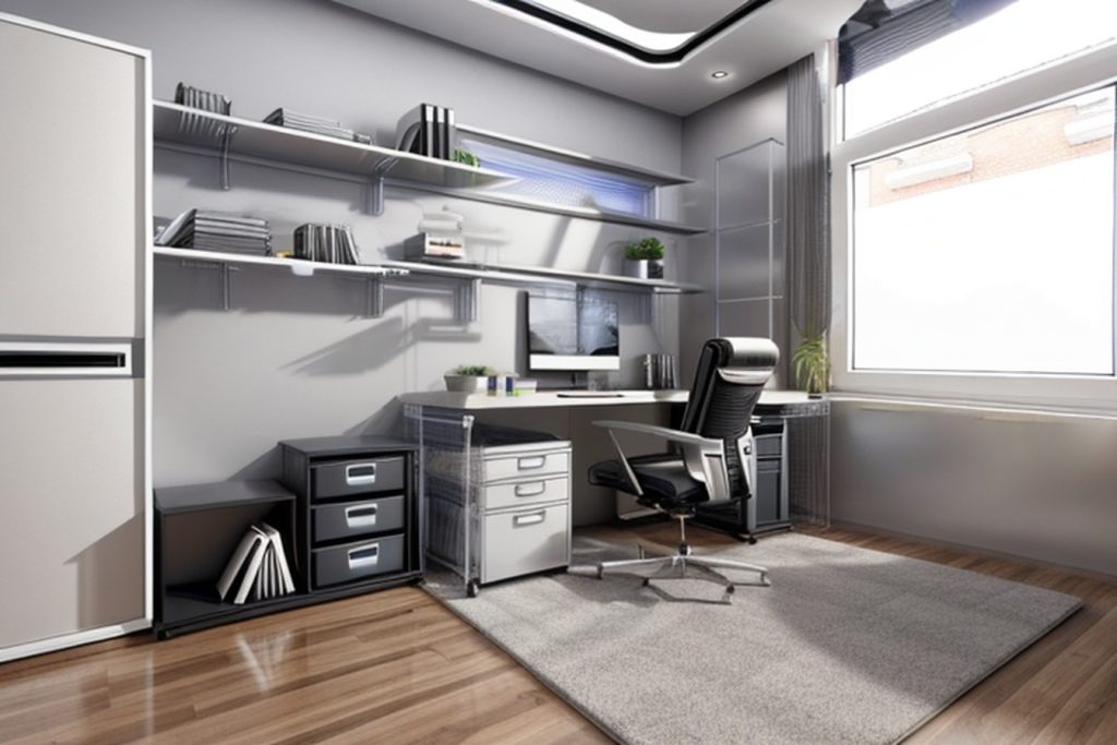 Example of a futuristic office at home with a laptop table, storage crates, and a small rug
