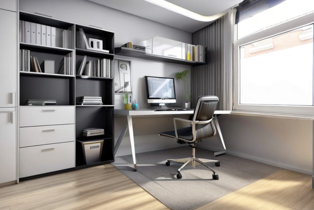 Example of a futuristic office at home with a murphy bed, a wall-mounted shelf, and a small armchair