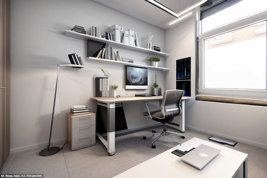 Example of a futuristic office at home with a standing desk, filing cabinet, and a desk lamp