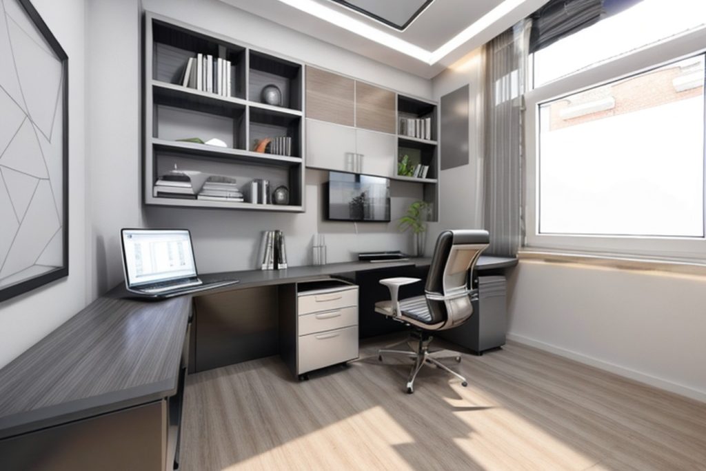 Example of a futuristic office at home with a steel frame desk, two monitors, and acoustic panels