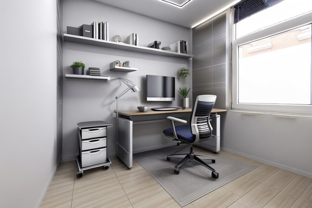 Example of a futuristic office at home with a u-shaped desk, rolling storage cart, and a wall clock