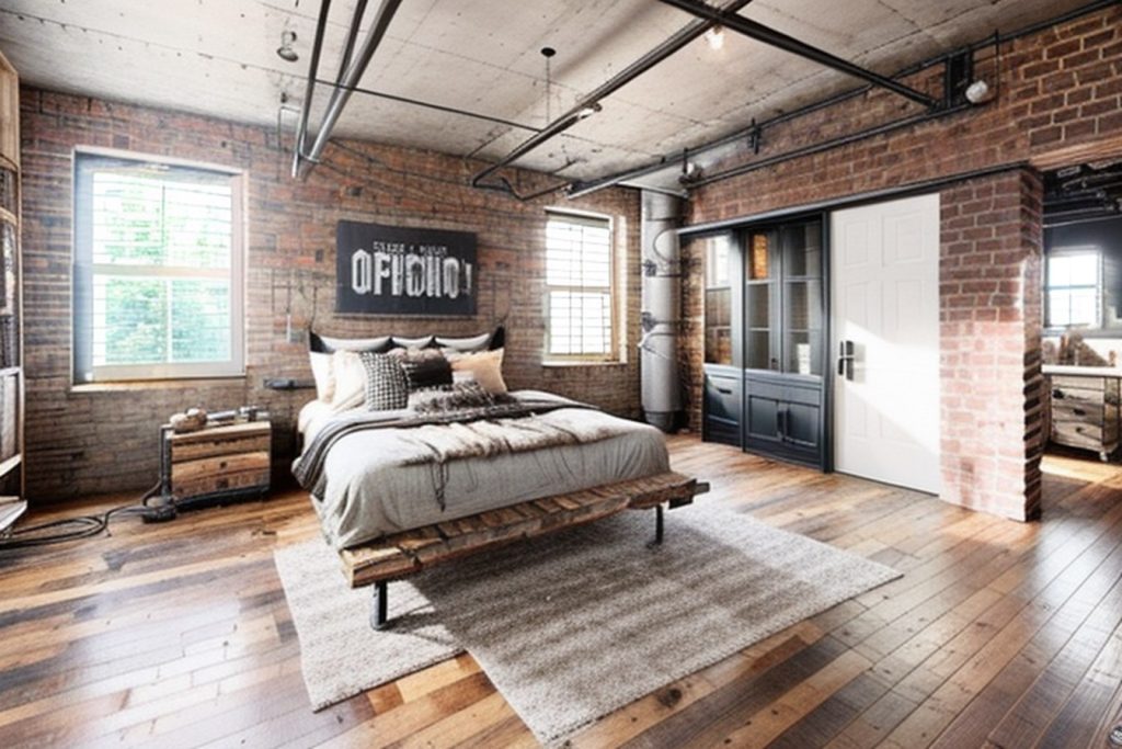 Example of a industrial bedroom with a bed frame with headboard, a vanity table, and pendant lighting