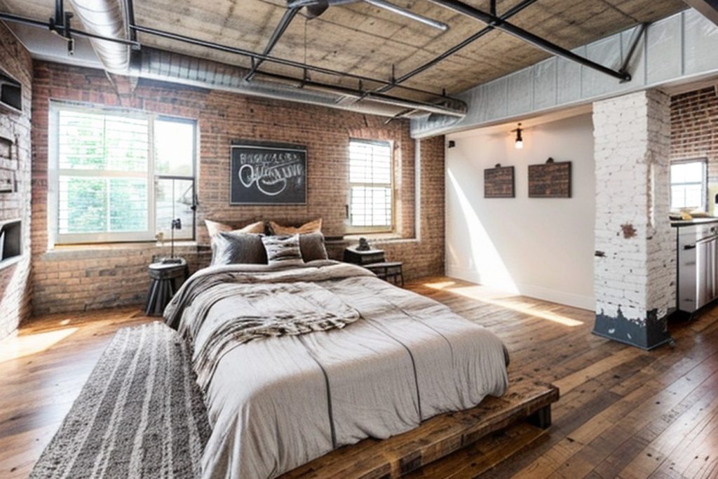 Example of a industrial bedroom with a canopy bed,a pair of nightstands, and layered bedding