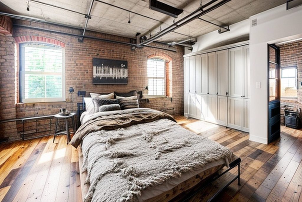 Example of a industrial bedroom with a murphy bed, a wall-mounted shelf, and a small armchair