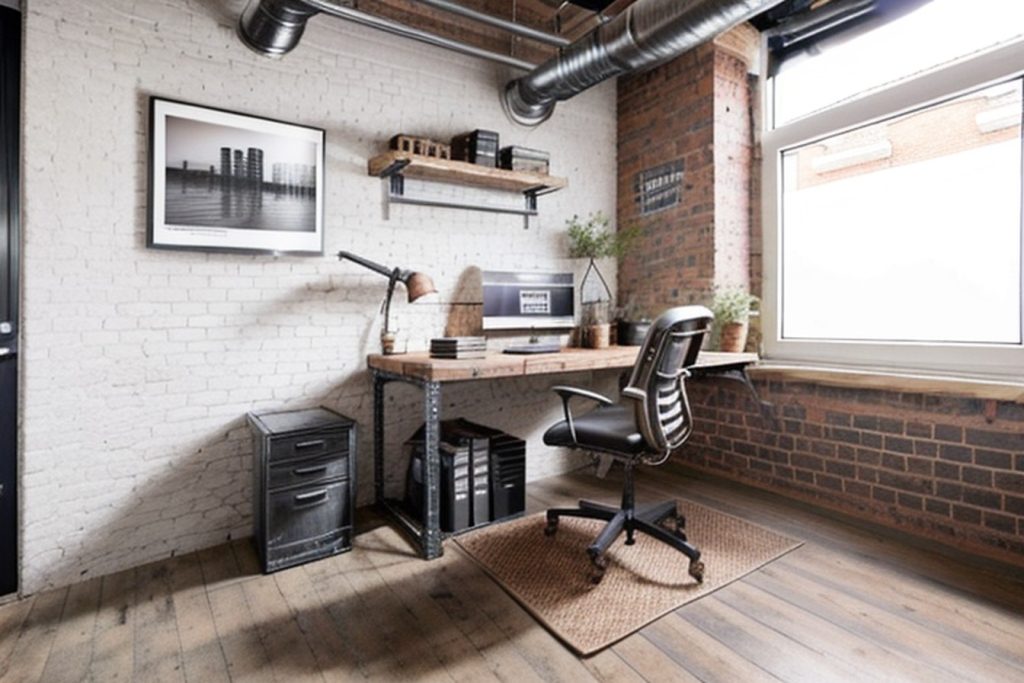 Example of a industrial office at home with a drawerless desk, under-desk storage, and framed posters