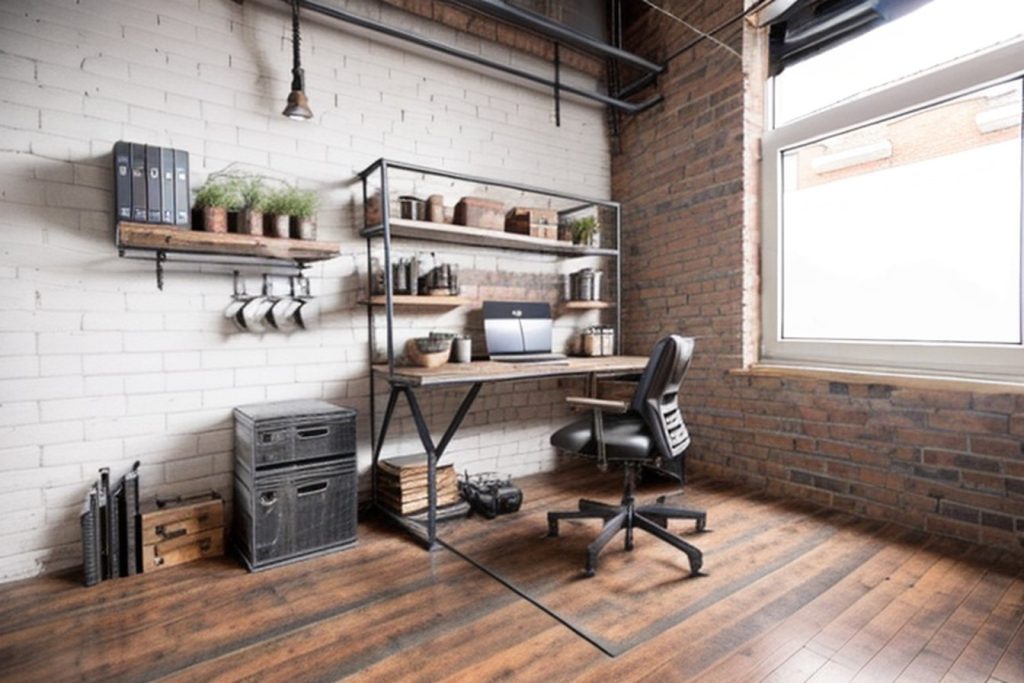 Example of a industrial office at home with a home workstation, open shelf, and desktop tray