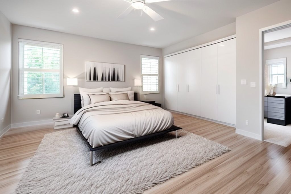 Example of a modern bedroom with a bed with a canopy frame, a writing desk, and storage ottomans
