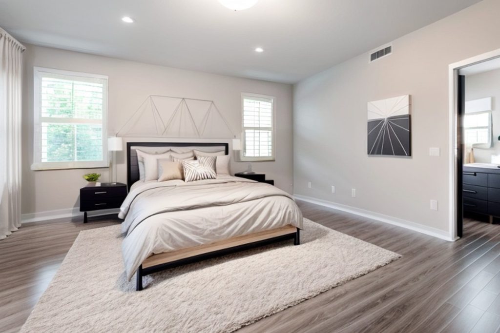 Example of a modern bedroom with a canopy bed,a pair of nightstands, and layered bedding