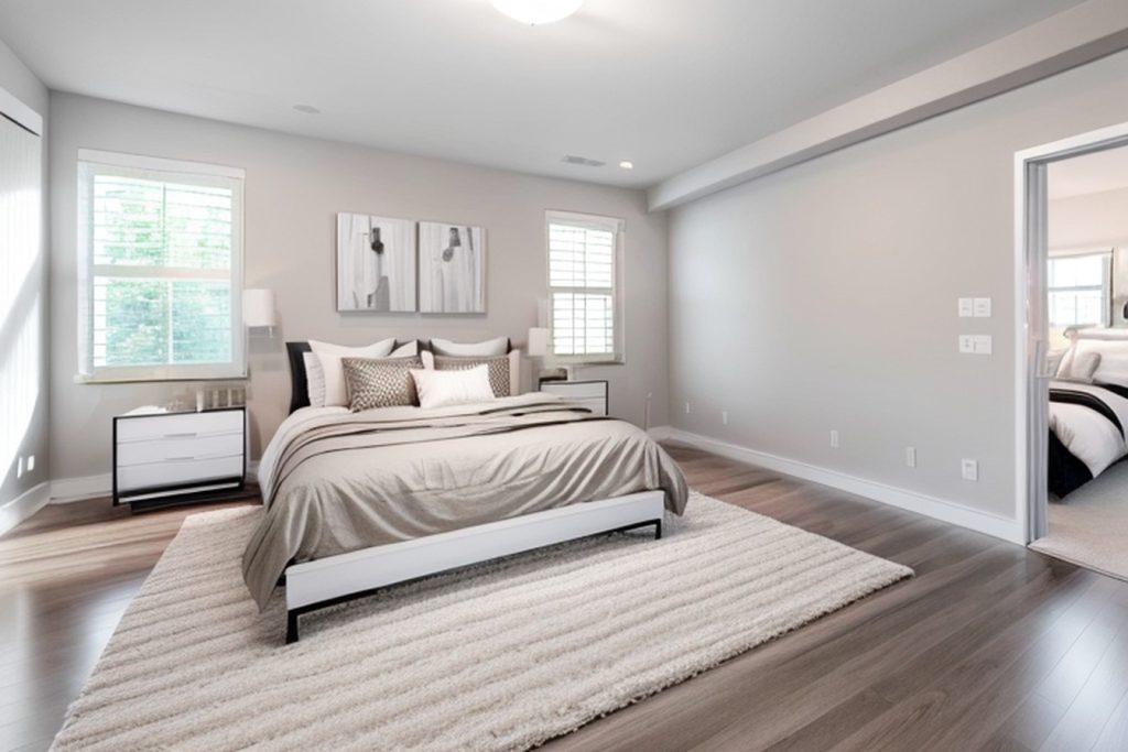 Example of a modern bedroom with a fabric headboard bed, a side chair, and layered rugs