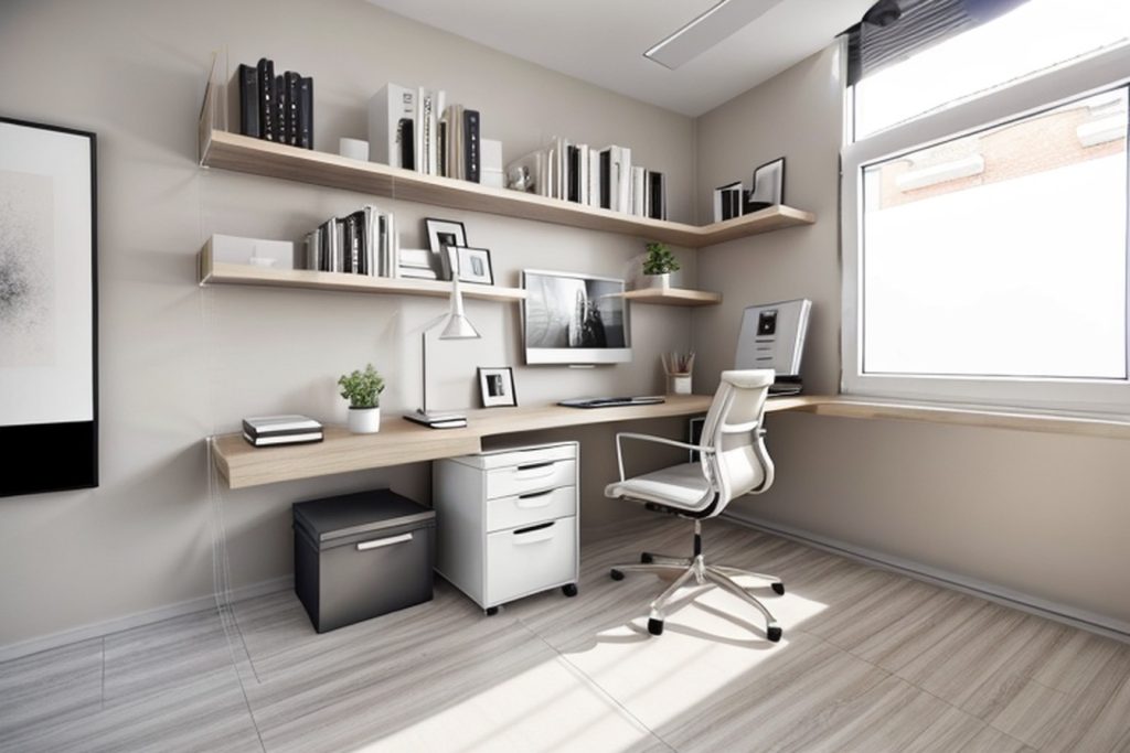 Example of a modern office at home with a built-in corner desk, open shelving, and hanging storage bins