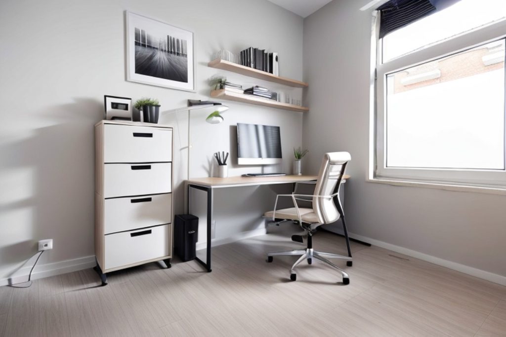 Example of a modern office at home with a desk with hutch, usb charging hub, and memo board